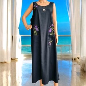 Quacker Factory 1X Black Cottagecore Floral Embroidered Jumper Dress + Accessory